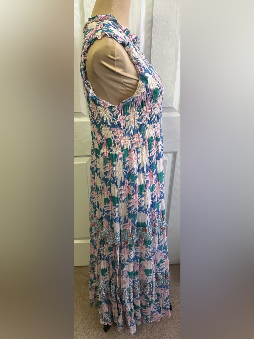 Oliphant Blue Pink Floral Smocked Maxi Dress - Picture 5 of 7